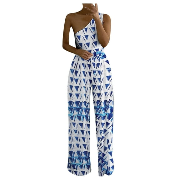 Giftesty Jumpsuit for Women Clearance,Womens Fashion Wide Leg Pants Polka Dot Striped Printed One-shoulder Jumpsuits