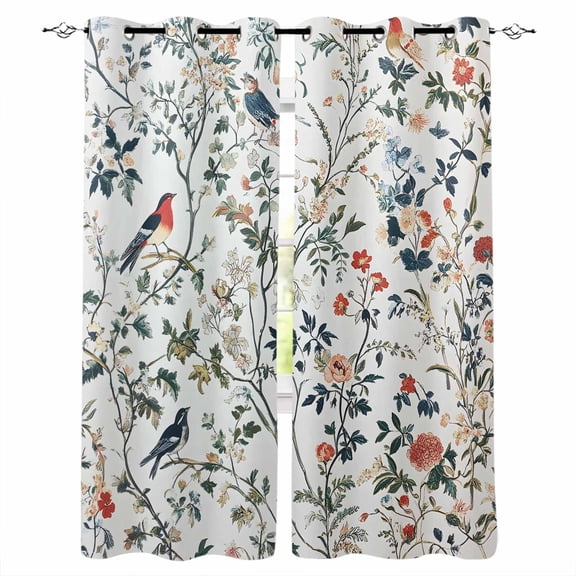Pastoral Botanical Blackout Curtains for Bedroom/Living Room, Thermal Insulated Kitchen Curtains, Rustic Summer Birds Spring Floral Grommet Darkening Window Treatment Drapes 27.5"x39"x2