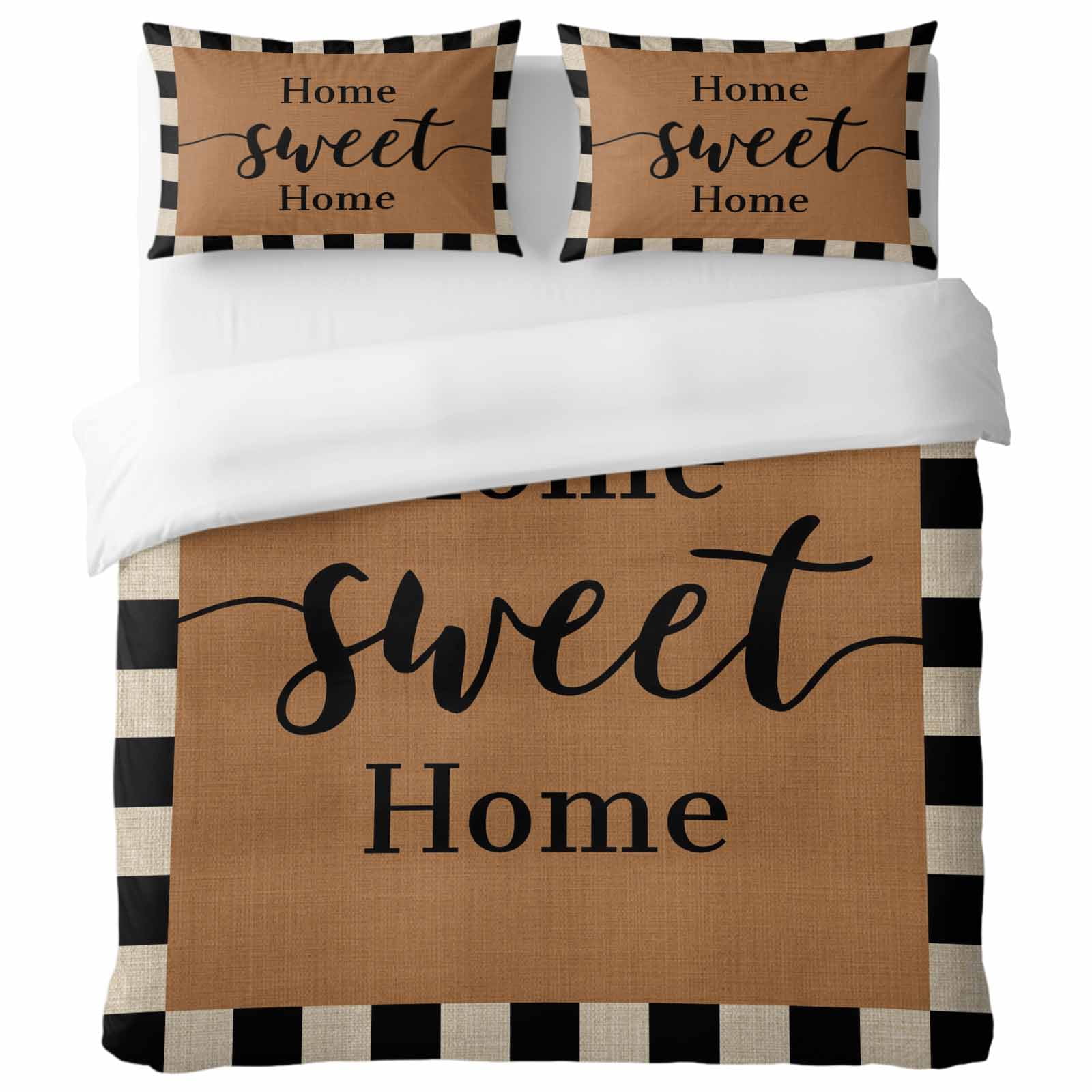 Home Sweet Home Full Duvet Cover Set Brown Linen Texture Black Plaid Border Country Decorative 3 Piece Bedding Set with Zipper Closure Soft Breathable Microfiber Comforter Cover & 2 Pillowcases