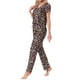 thumbnail image 4 of Pijamas para mujeres INSPIRE CHIC, camiseta de cuello en V de manga corta con pantalones de tiro ajustable, conjuntos de lounge impresos con bolsillos M Leopardo, 4 of 5