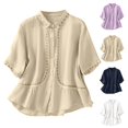 thumbnail image 1 of Women's Floral Print Linen Shirts Short Sleeve Lapel Solid Color Embroidered Button Casual Top Navy, 1 of 8