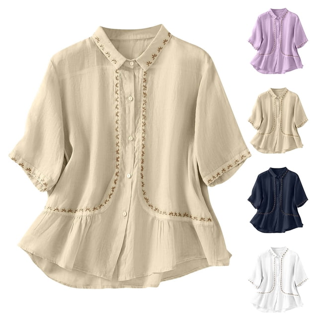 Women's Floral Print Linen Shirts Short Sleeve Lapel Solid Color Embroidered Button Casual Top Navy