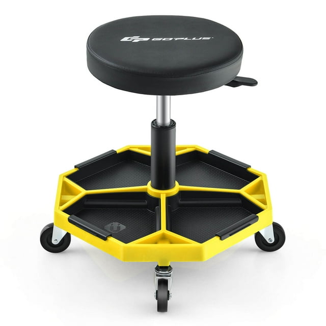 Costway Heavy-Duty Adjustable Height Rolling Stool with Tool Tray Storage 330 LBS Capacity Yellow