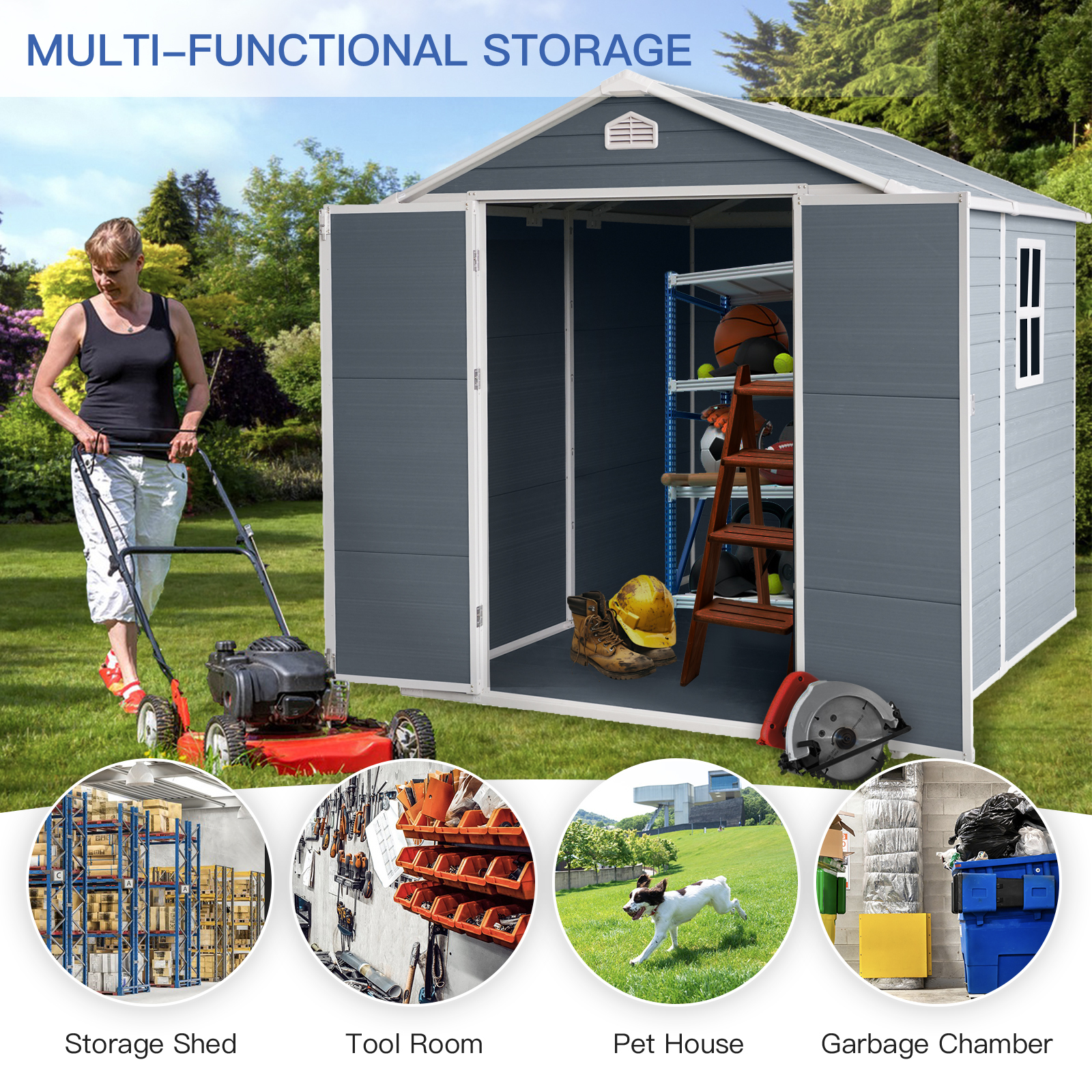 Alvantor 8 x 6 Ft Resin Storage Shed with Floor Plastic Garden Shed with Window and Lockable Door for Backyard, Garden, Patio Grey