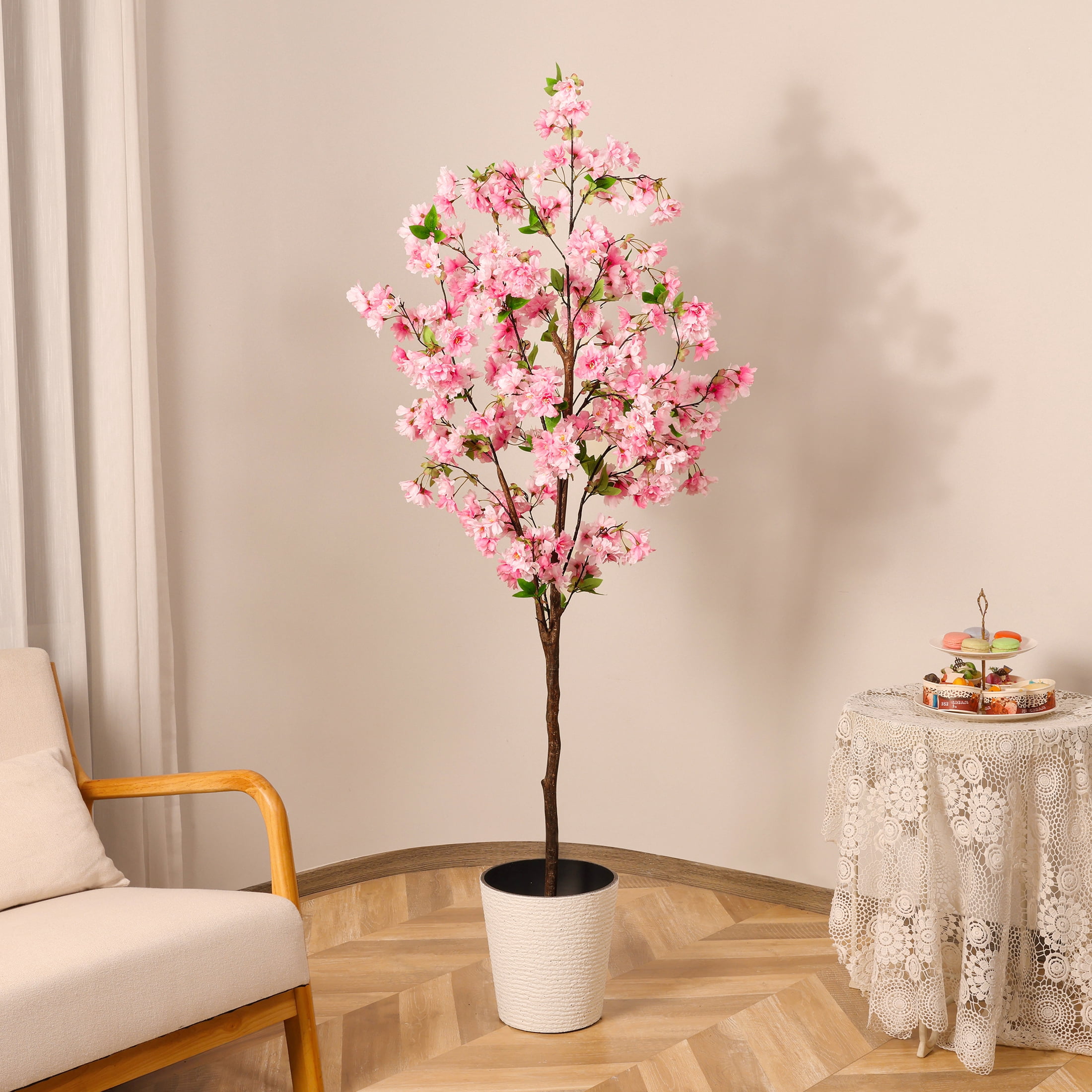 HiPlants 6ft Artificial Pink Cherry Blossom Tree in Black Pot, Faux Wishing Tree Indoor for Garden Office Party Wedding Hotel, Fake Plants for Office Home Decor