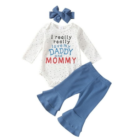 

TAIAOJING Baby Girl Outfit Baby Unisex Print Autumn Long Sleeve Romper Bosyduit Pants Bell Bottom Headbands Outfits Clothes 3-6 Months