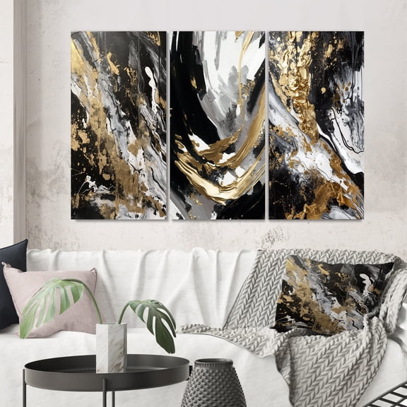 Designart "Blissful Waves Abstract in Gold, White, and Black VI" Abstract Painting Wall Art Set Of 3 - Modern Gold Canvas Set For Living Room Decor
