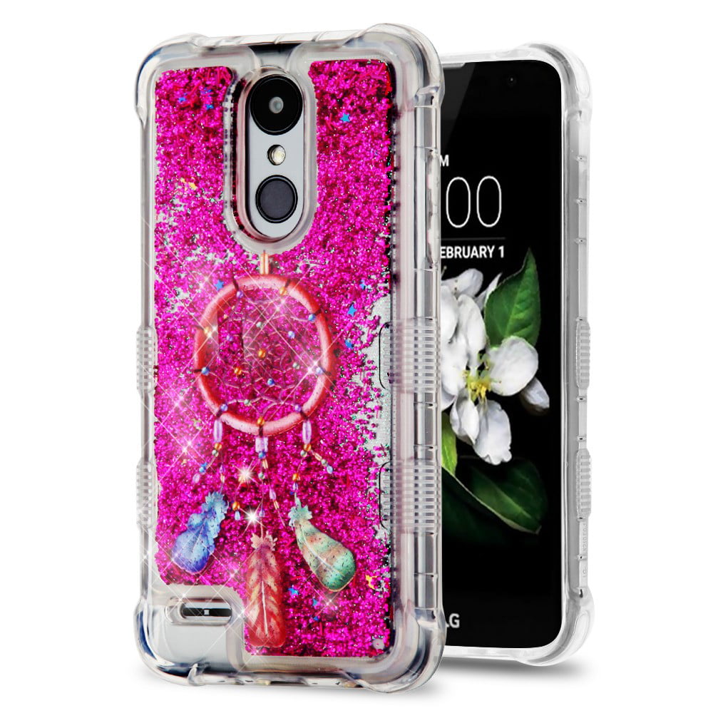 TUFF Liquid Floating Glitter Quicksand Waterfall Hybrid Silicone Gel Phone Protector Case - (Pink Dreamcatcher) and Atom Cloth for LG Rebel 3 4G LTE L157BL, L158VL