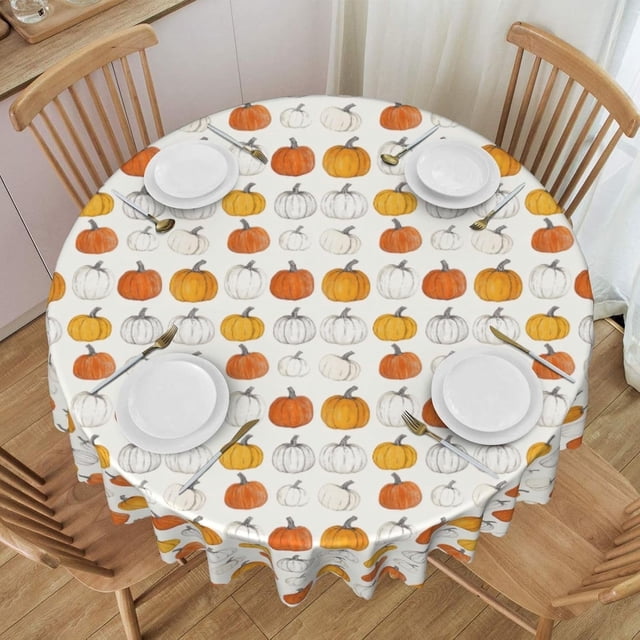 Round Tablecloth Rustic Pumpkin Pattern 60 Inch Table Cover for Dining Polyester Cloth with Scalloped Edges Stain Resistance Kitchen Picnic Party Restaurant Decoration
