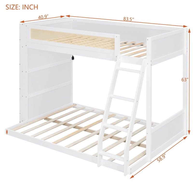 Twin-Over-Full Bunk Bed with Built-in Ladder & LED Strip, Storage Wooden Bed Frame with Bookshelf & Rattan Guardrail