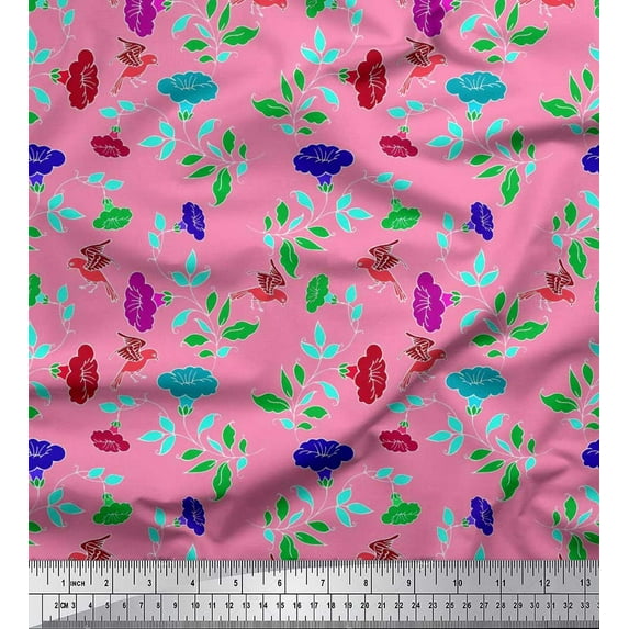 Soimoi Polyester Crepe Fabric Leaves,Bird & Floral Artistic Print Sewing Fabric Yard 52 Inch Wide