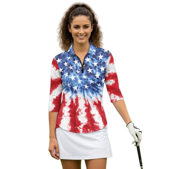 HUIACONG Womens Golf Shirt with Patriotic Print, 3/4 Sleeve Tennis Tops Wear Resistant Polyester Blended Fabric for Golf and Workout