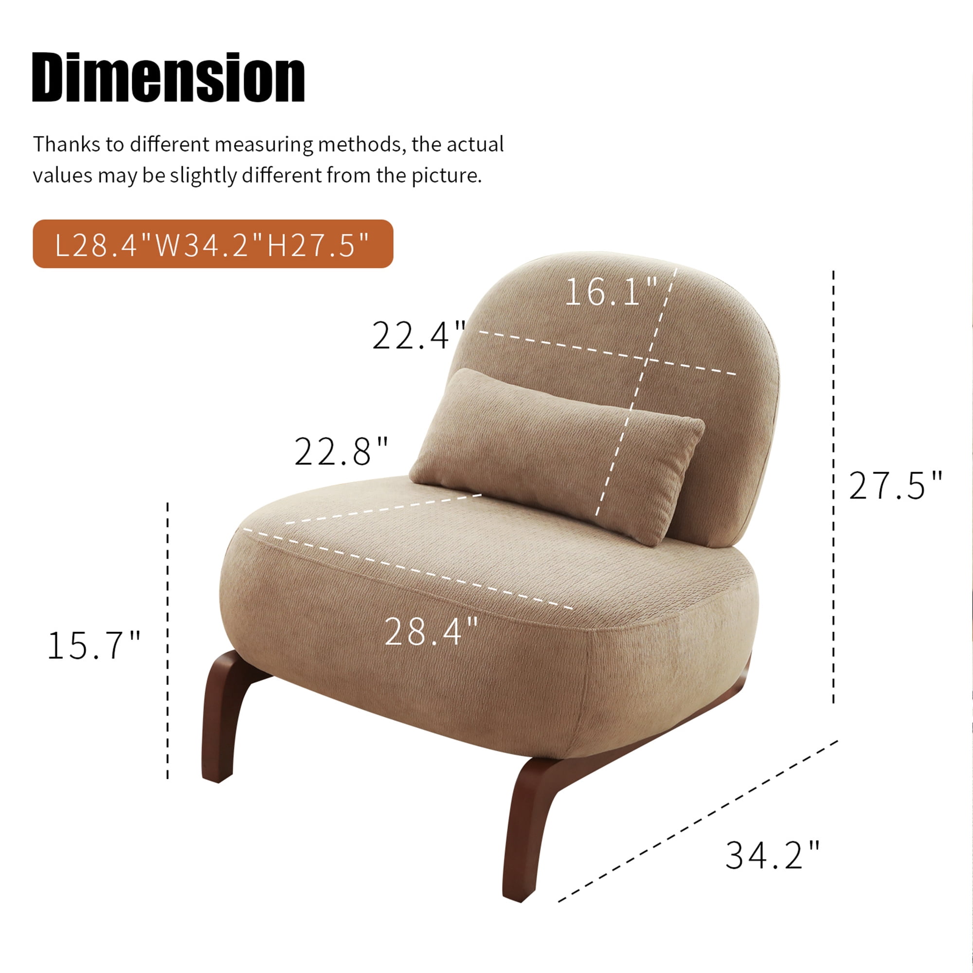 Aukfa Velvet Accent Chair with Solid Wood Legs, Armless Living Room Chair with Soft Cushion, Modern Reading Chair for Living Room & Bedroom,Camel