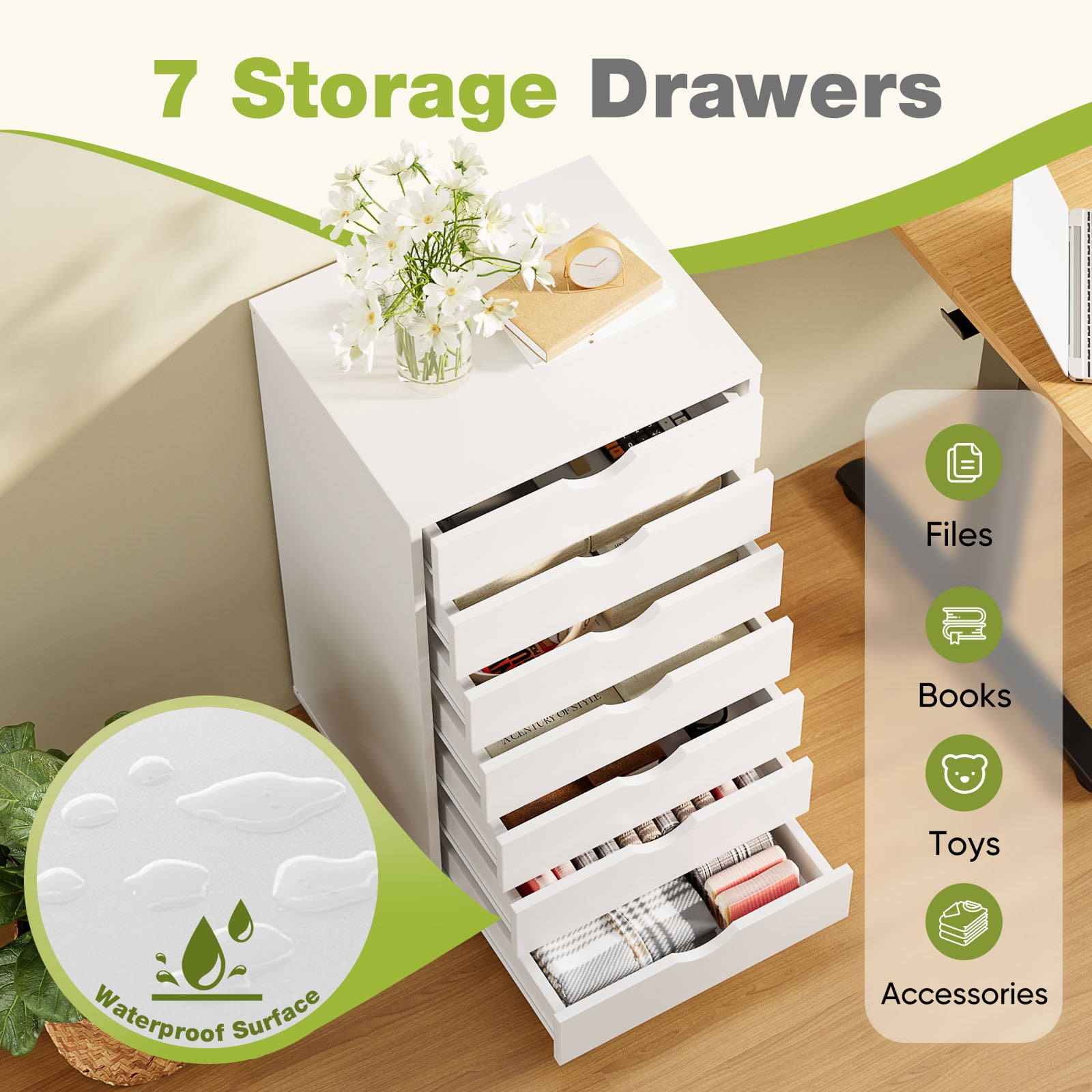 CONCETTA 7-Drawer Wooden Storage Chest, Mobile File Cabinet with Wheels, Versatile Dresser for Home, Office, or Bedroom Organization, White