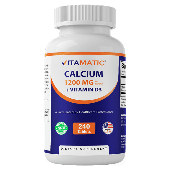 Vitamatic Calcium 1200mg with Vitamin D3 2000 IU (50mcg) – Bone & Immune Support Formula – 240 Tablets – High Absorption Calcium Carbonate with D3 – Non-GMO, Gluten-Free