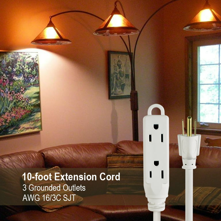Smart Electrician® 7′ 16/2 3-Outlet Light-Duty White Indoor Extension Cord M