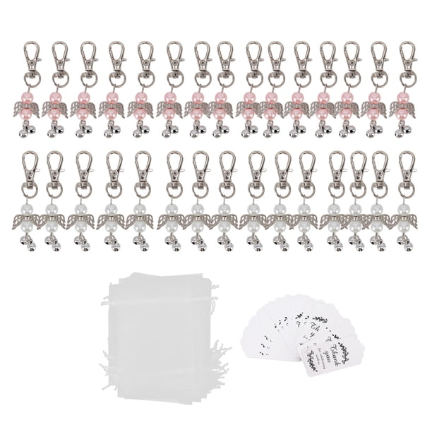 30 juegos de llaveros de ángel con forma de campana de ángel blanco y rosa, llavero de perla, decoración para fiesta de baby shower, etiqueta para bolsa de regalo, colgante para llave, recuerdos