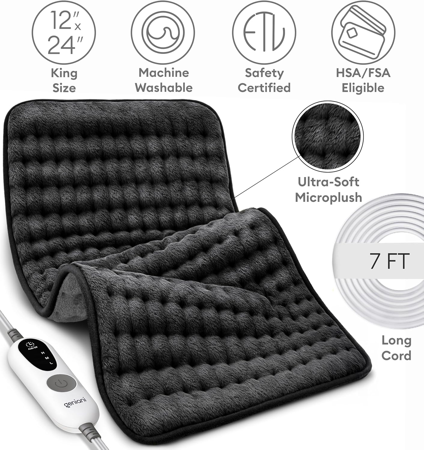 Geniani Electric Heating Pad for Back Pain & Cramps Relief, Heat Pad with 6 Heat Settings & 4 Timer Presets, Auto Shut Off, Machine Washable, Ultra Soft Hot Pad, (12"x24", Jet Black)