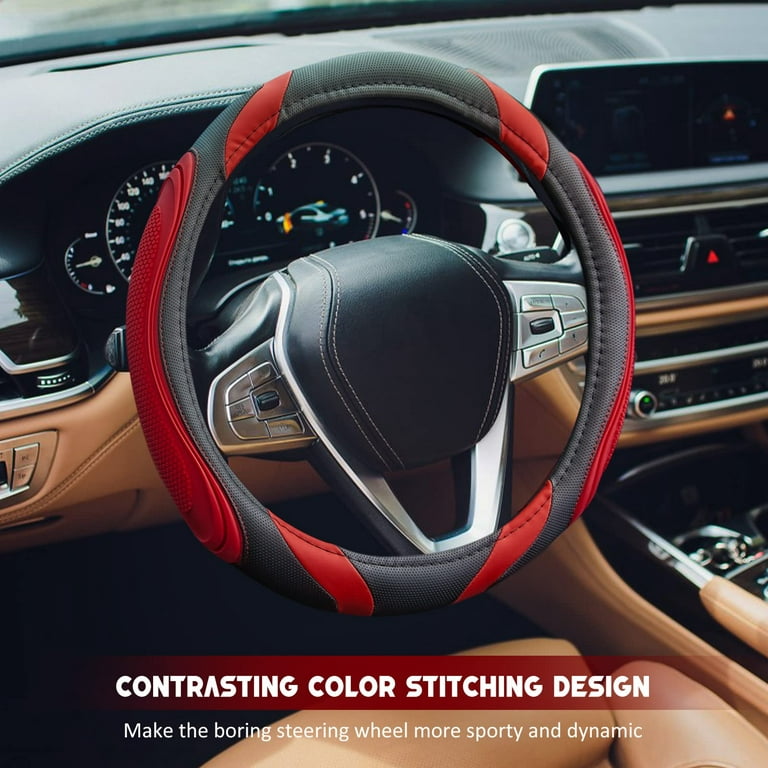 XCBYT Steering Wheel Cover - 14.5- 15 Inch Black Red Car Leather Steering  Wheel Cover Sports Fan Design Non-Slip for Women 