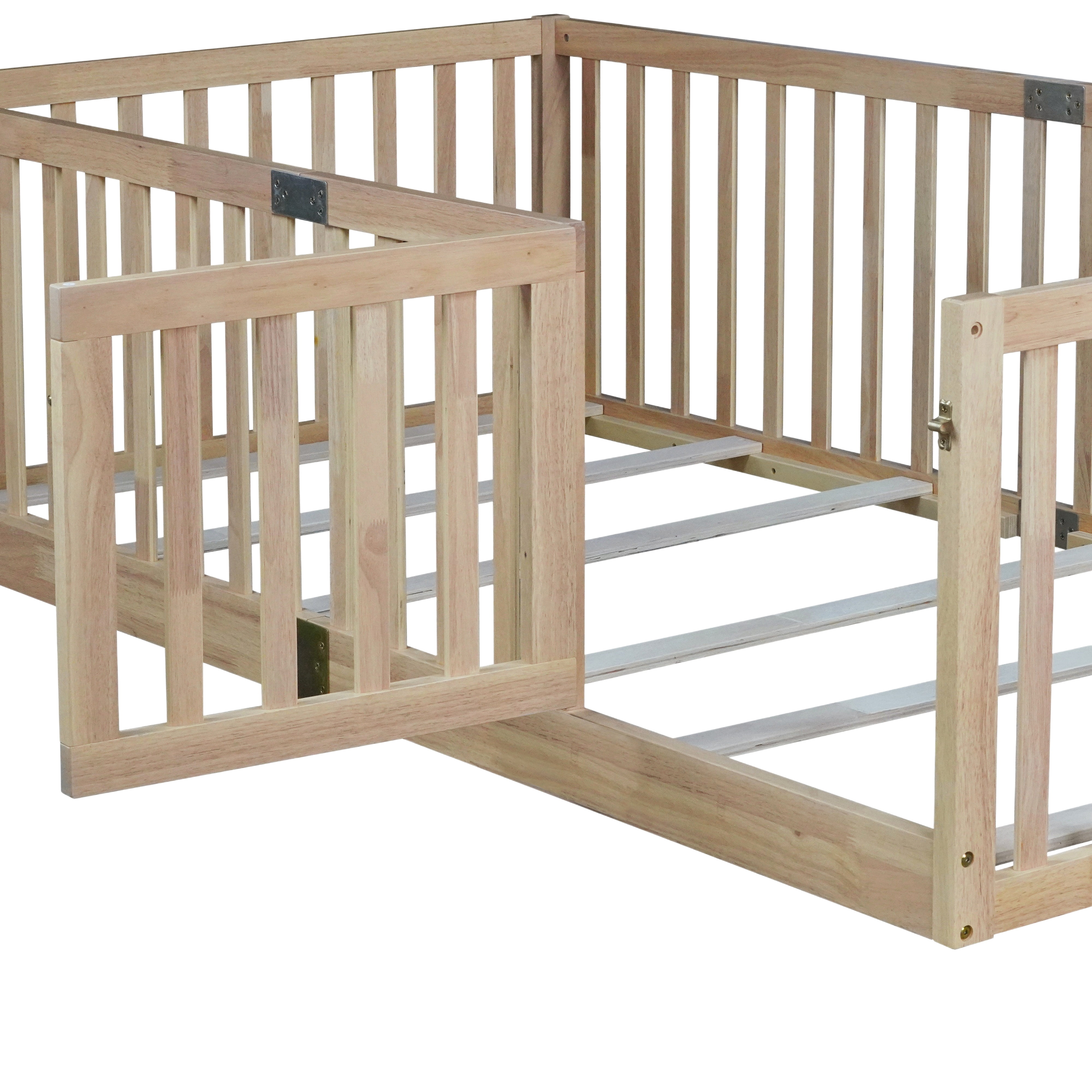 Sesslife Twin Size Floor Bed with High Fence & Door, Wood Twin Bed Frame with Salts and 21.5” Safety Guardrails, Twin Floor Bed for Boys Girls, No Box Spring Needed, Natural