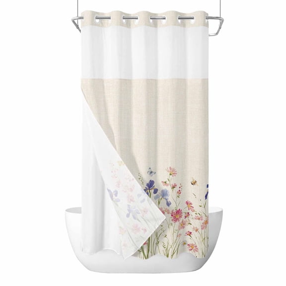 No Hook Shower Curtain, Spring Floral Small Shower Curtains with Snap in Liner, Farmhouse Summer Botanical Flowers Waterproof Washable Fabric Bathroom Curtain Sets, 36"W x 72"L