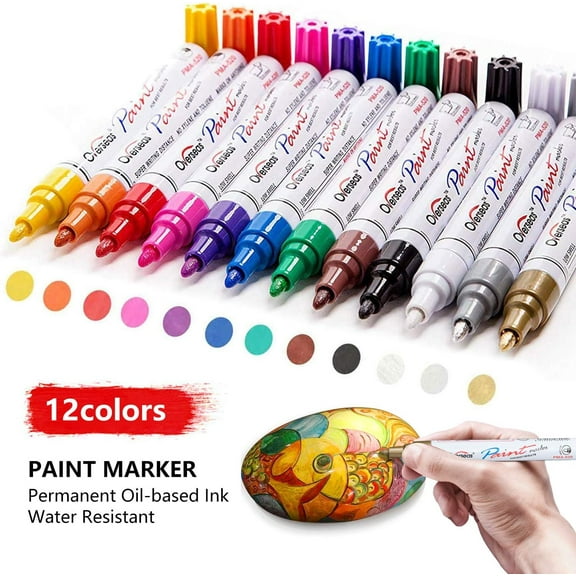 Overseas Paint Marker Pens, 12-Count Permanent Painting Markers, Conical Point, Assorted Colors