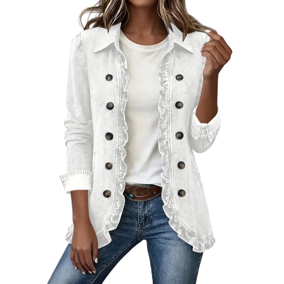 cocolona Jean Jacket for Women Solid Color Ruffle Open Front Denim Jacket Casual Button Down Trendy Outfits