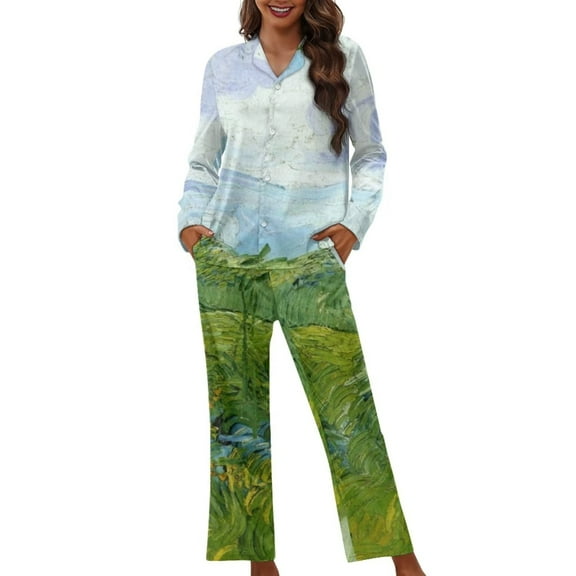 Renewold Van Gogh Green Wheat Fields Button Pajamas for Women Size M Cozy Up Long-Sleeve Athletic Outfits Thermal Top & Pants Lightweight Loungewear Sleep Set of 2