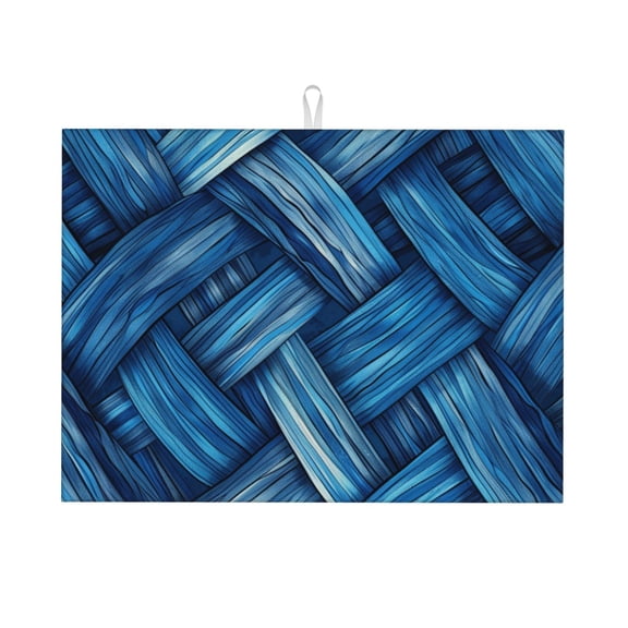 Blue Fabric Mix Drawing Style Dish Drying Mat XL for Kitchen Counter Microfiber Absorbent Leaves Dish Draining Mat Reusable Washable Large 18"x24"