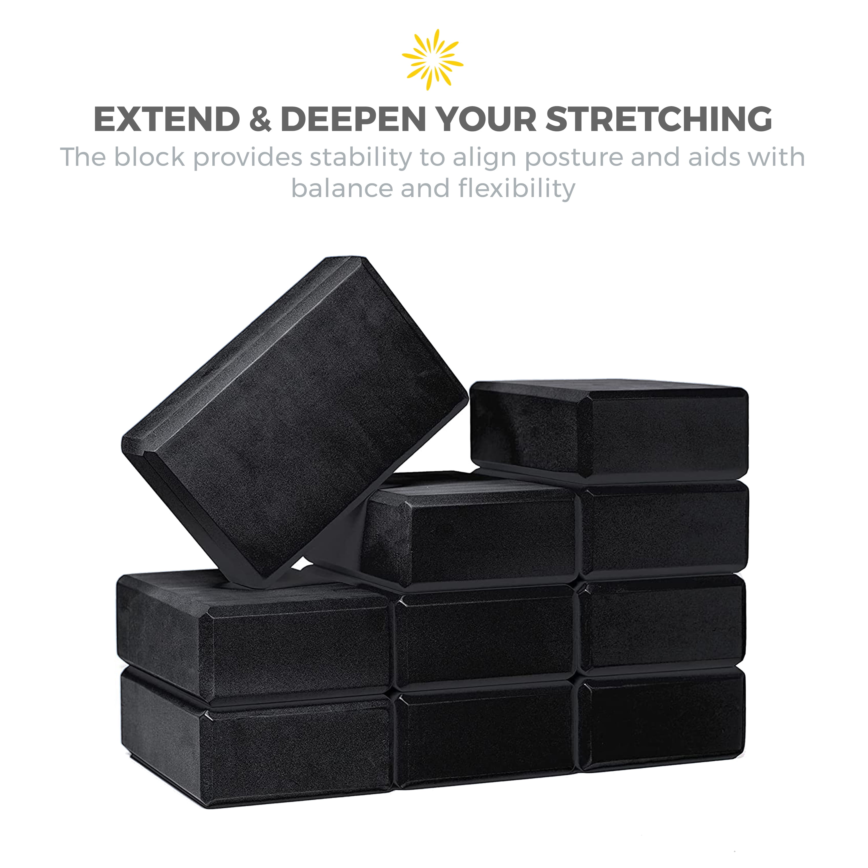 Sunshine Yoga 3" Yoga Block, 10 Pack Bulk EVA Foam Yoga Blocks, Firm and Supportive Yoga Brick, Balance Foam for Stretching, Pilates, and Workout, 3" x 6" x 9", Black