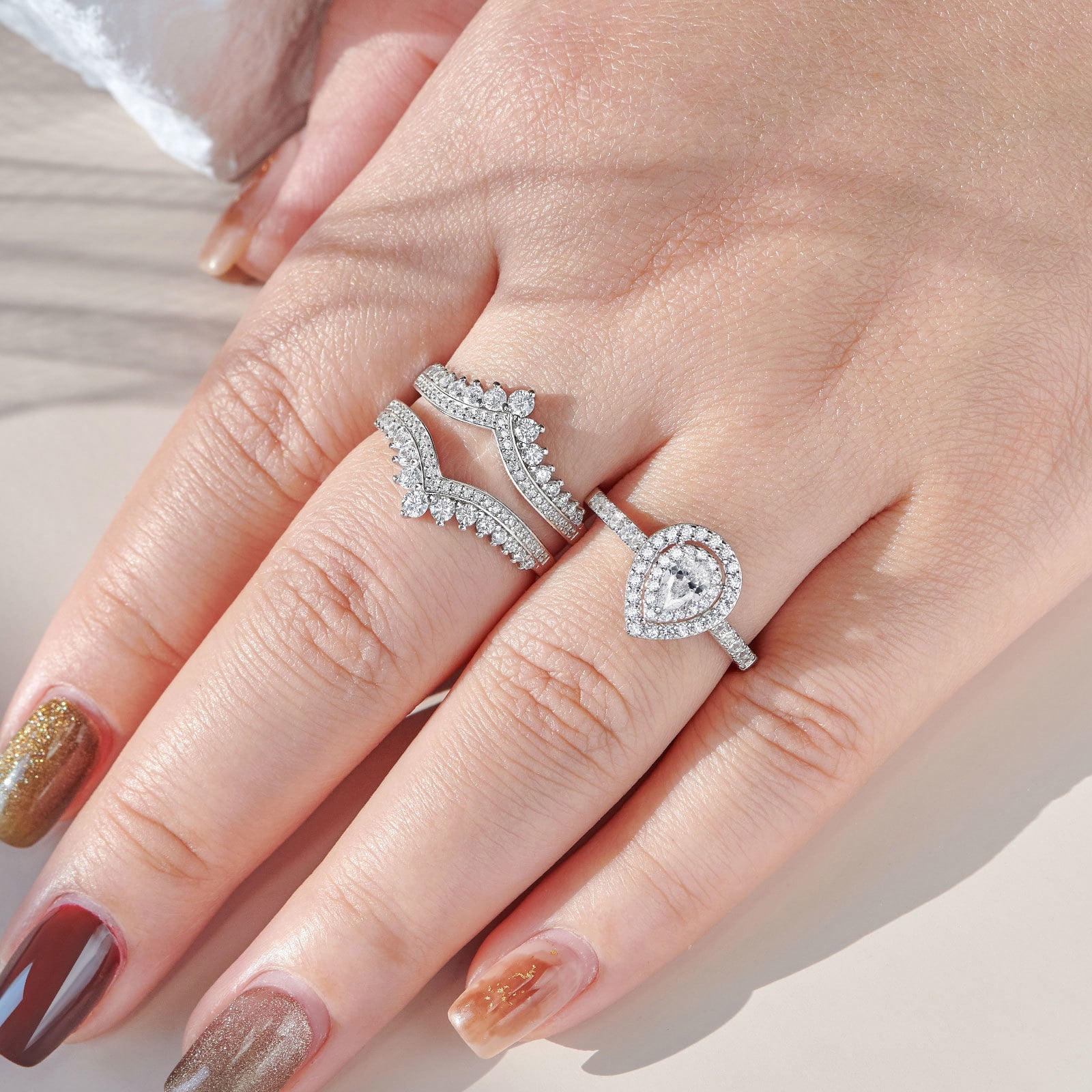 Newshe Jewellery 3 Ct Moissanite Wedding Rings Set Pear Cut Engagement Rings for her Bridal Ring Enhancer Size 7