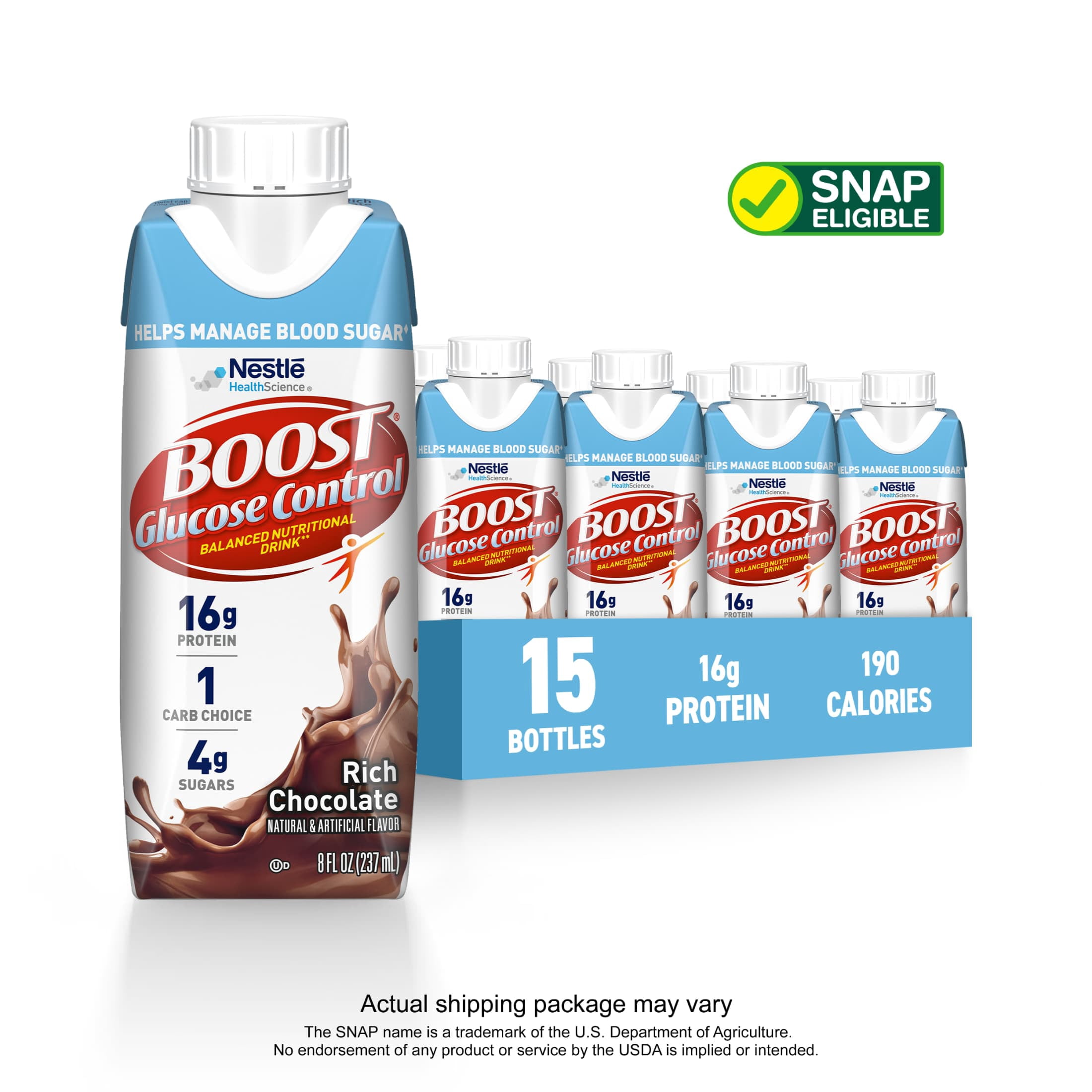 (3 pack) BOOST Glucose Control Nutritional Drink, Rich Chocolate, 8 fl oz, 15 Pack