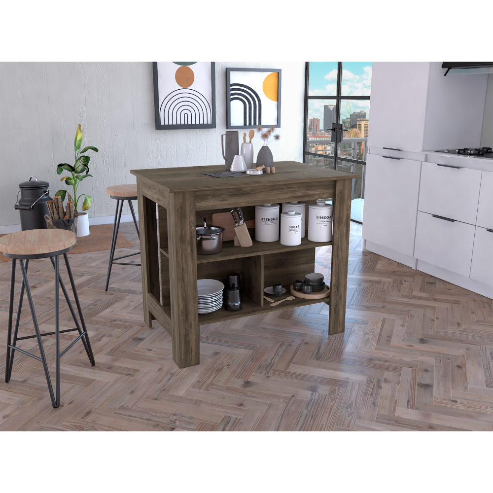 Cala 3Shelf Wooden Casual Kitchen Island, Brown/Brown