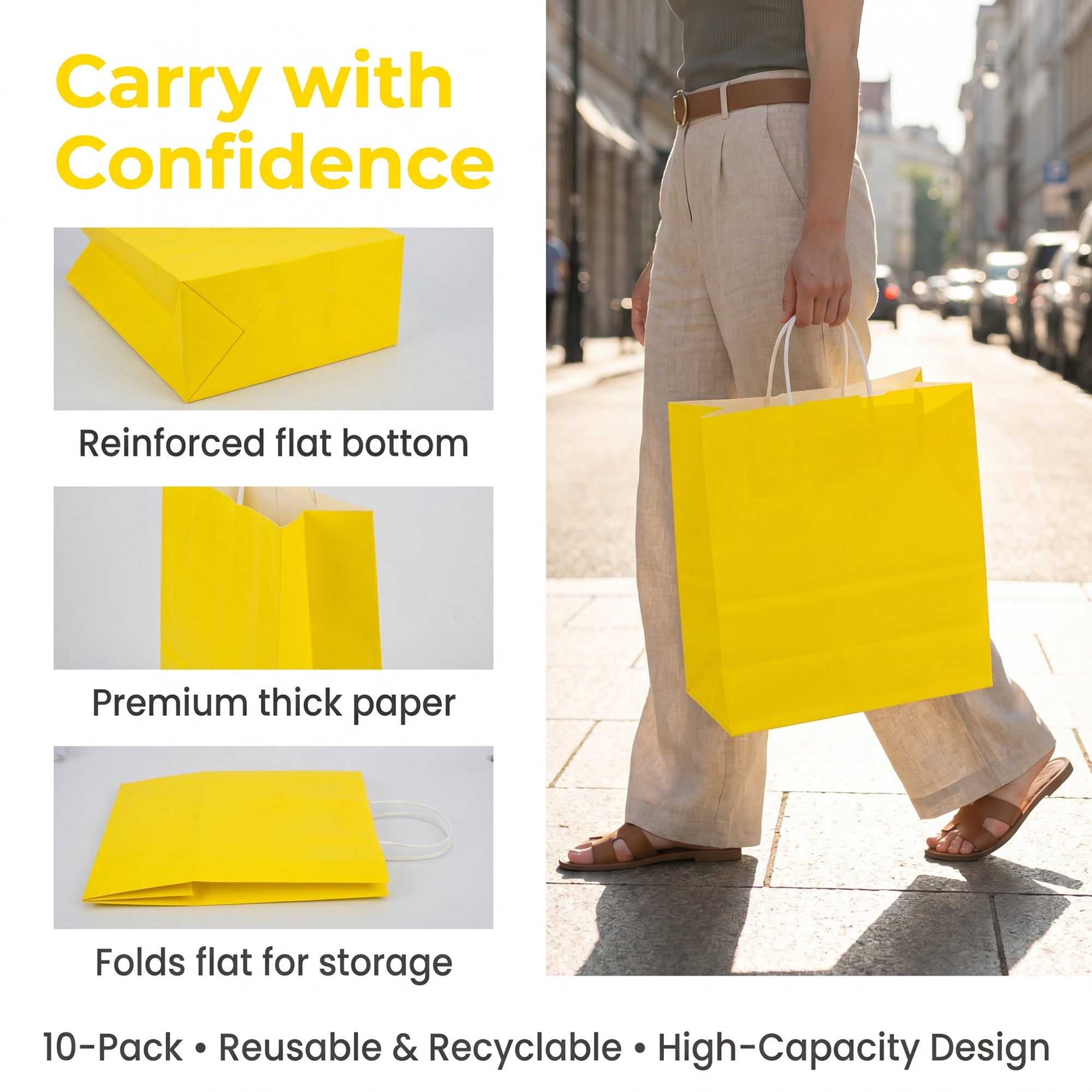 Unique Bargains 10Pcs Heavyweight Premium Gift Bags with Handle Yellow 8.3" x 4.3" x 10.6"