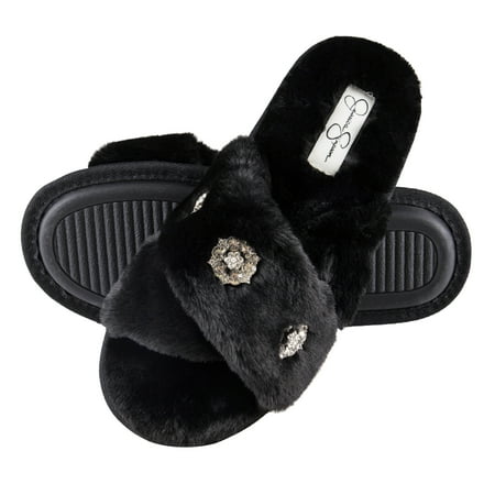 

Jessica Simpson Women s Jewel Embellished Cross Band Slip-On Slipper (Black Rhinestone Size Small (6-7))