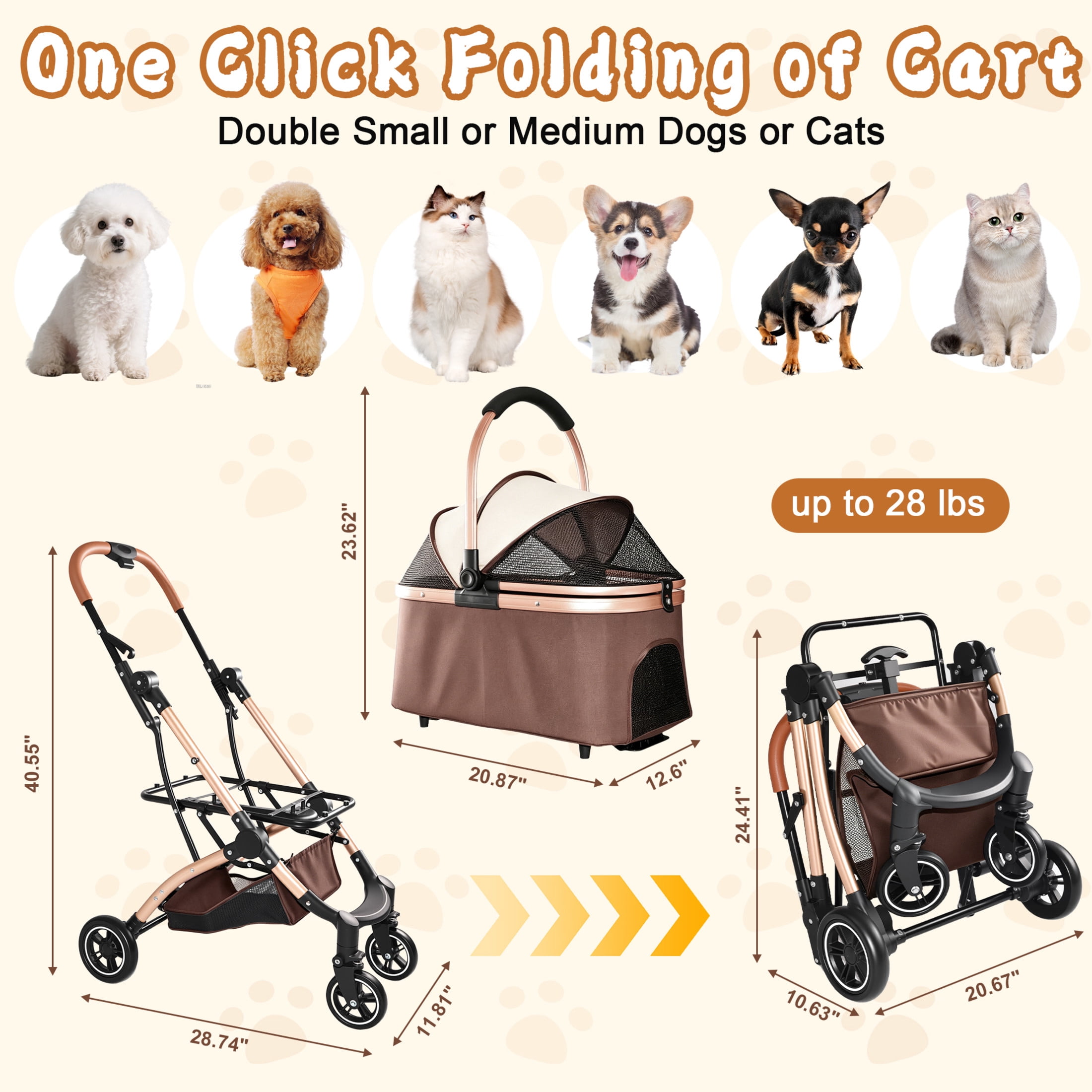Noble House 2-in-1 Foldable Pet Stroller for Dogs & Cats with Detachable Carrier, Storage Basket, Khaki