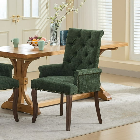 Upholstered Chenille Dining Chair with Solid Wood Legs, Tufted Backrest and Arms for Dining Room or Kitchen Use, Olive Green