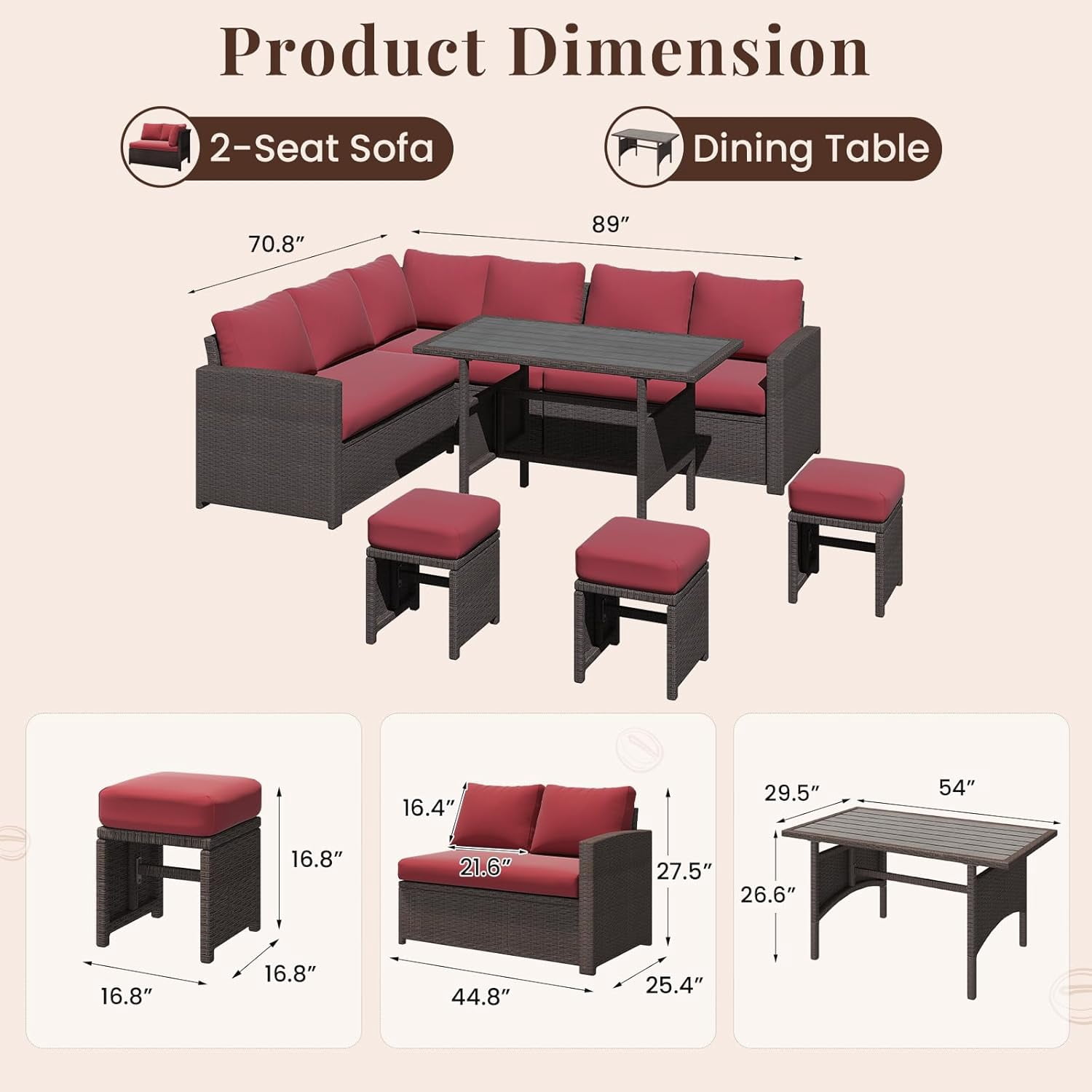 AECOJOY Outdoor Furniture Set, 7-Piece Rattan Wicker Patio Dining Conversation Set, Wine Red