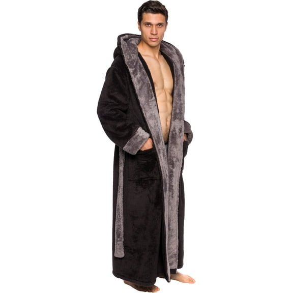 Ross Michaels Mens Robe Big & Tall with Hood - Long Plush 400GSM Luxury Bathrobe with Shawl Collar (Black/Grey, Large/X-Large)