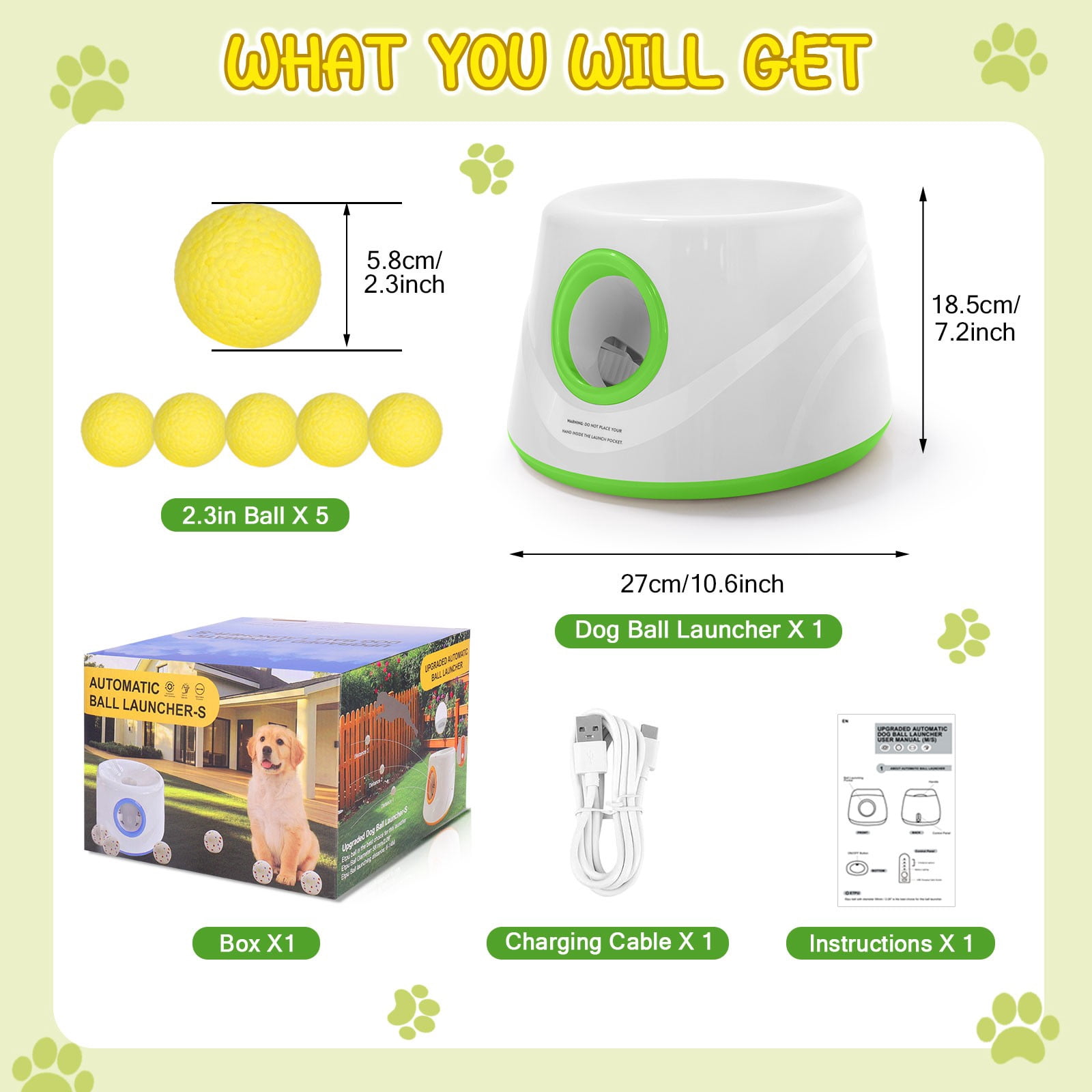 TOPCHANCES Automatic Tennis Ball Launcher for Dogs, Interactive Dog Toys for Samall & Medium Dogs, Dog Ball Thrower with 3 Launching Distance (19/32/45 ft), 5 Balls Included (Green)