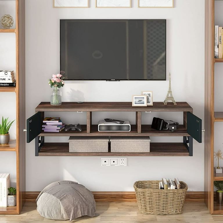 Tribesigns Floating TV Stand 3 Tier Wood Wall Mounted Media Console TV Shelf Brown