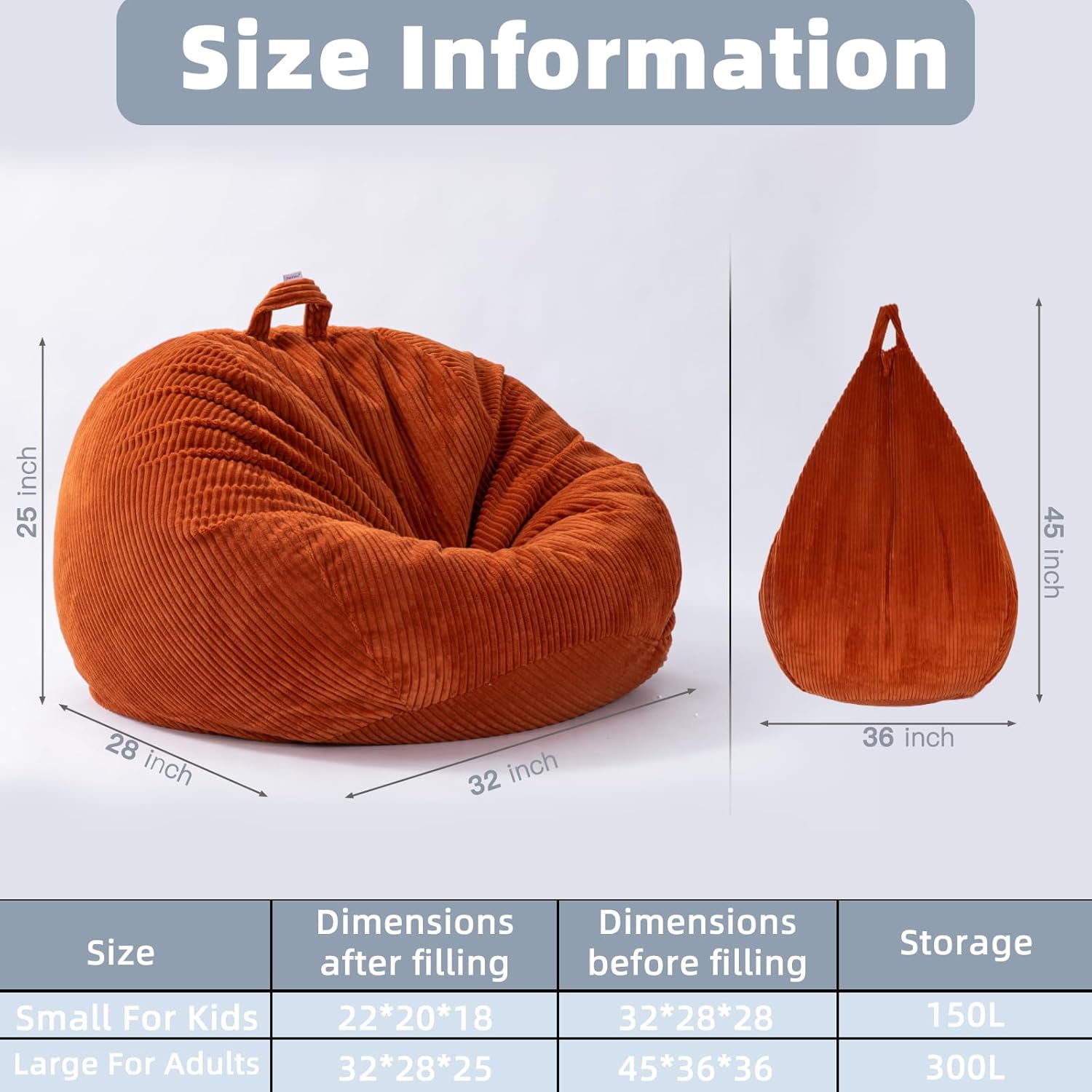 Stuffed Animal Storage Bean Bag Cover (No Filler), Corduroy Kids & Toddler Bean Bag Chair for Teens & Adults, Toy Storage Organizer, Comfy Sofa for Playroom (Baby Pink, Adult (Cover Only)