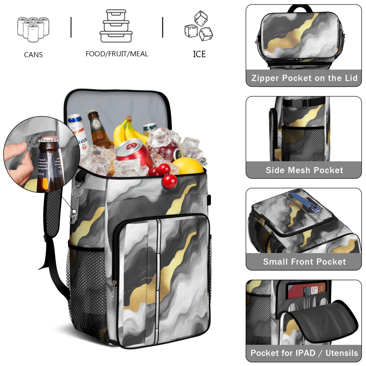 Travel Cooler Bag - Black White and Gold Marble Camping Beer Cooler Backpack with Bottle Opener- Waterproof Insulated Picnic Backpacks - Cooler Bag for Beach