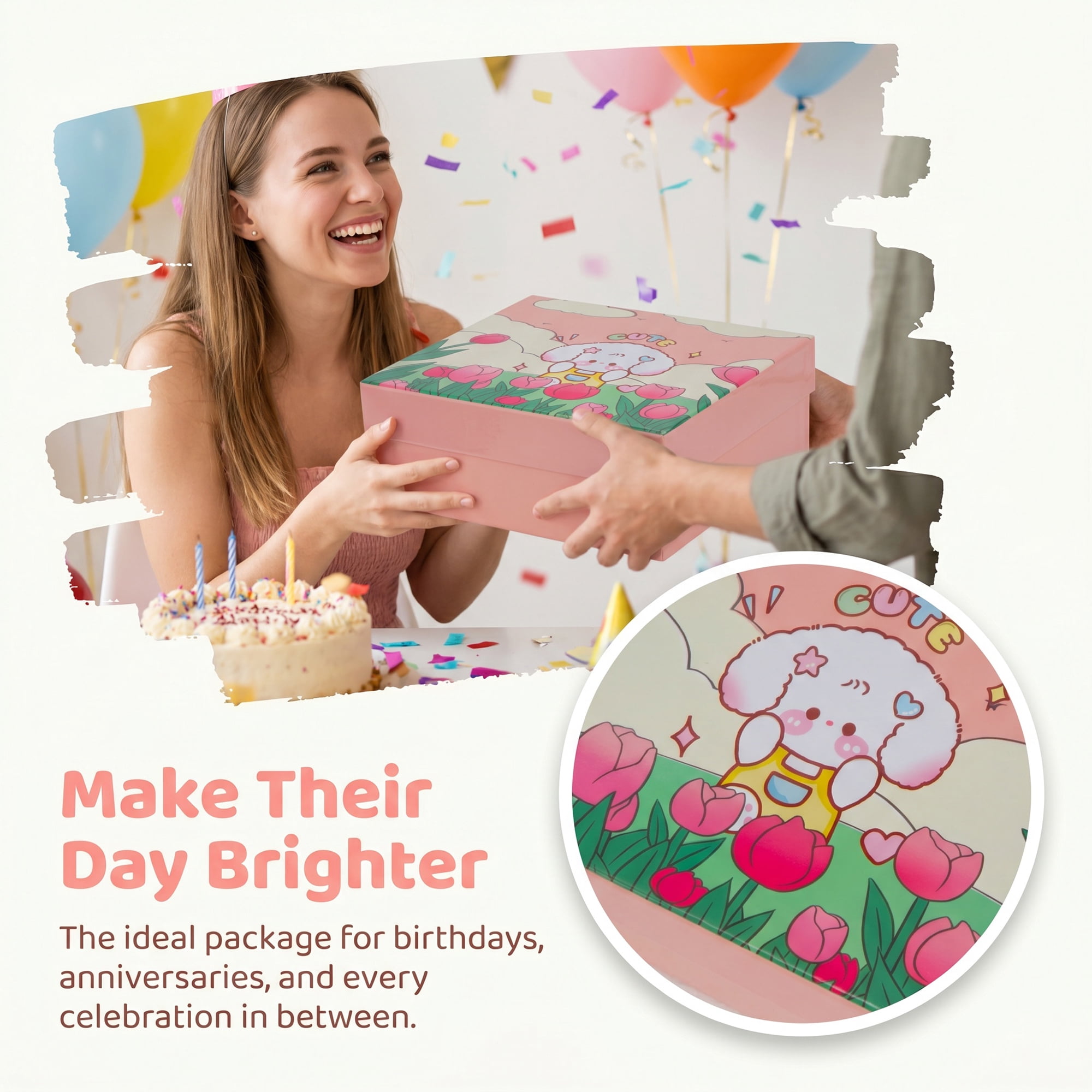 Unique Bargains Cute Cartoon Rigid Present Box Pink 10"x8.1"x3.9"