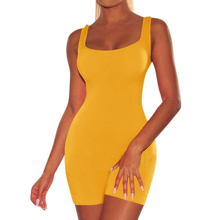 Ukumplol Shapewear Bodysuits for Women Compression Bodysuit Women Shapewear Tummy Control Bodysuit Womens Summer Backless Sleeveless Sport Short Pant Strap Jumpsuit Rompers Yellow S