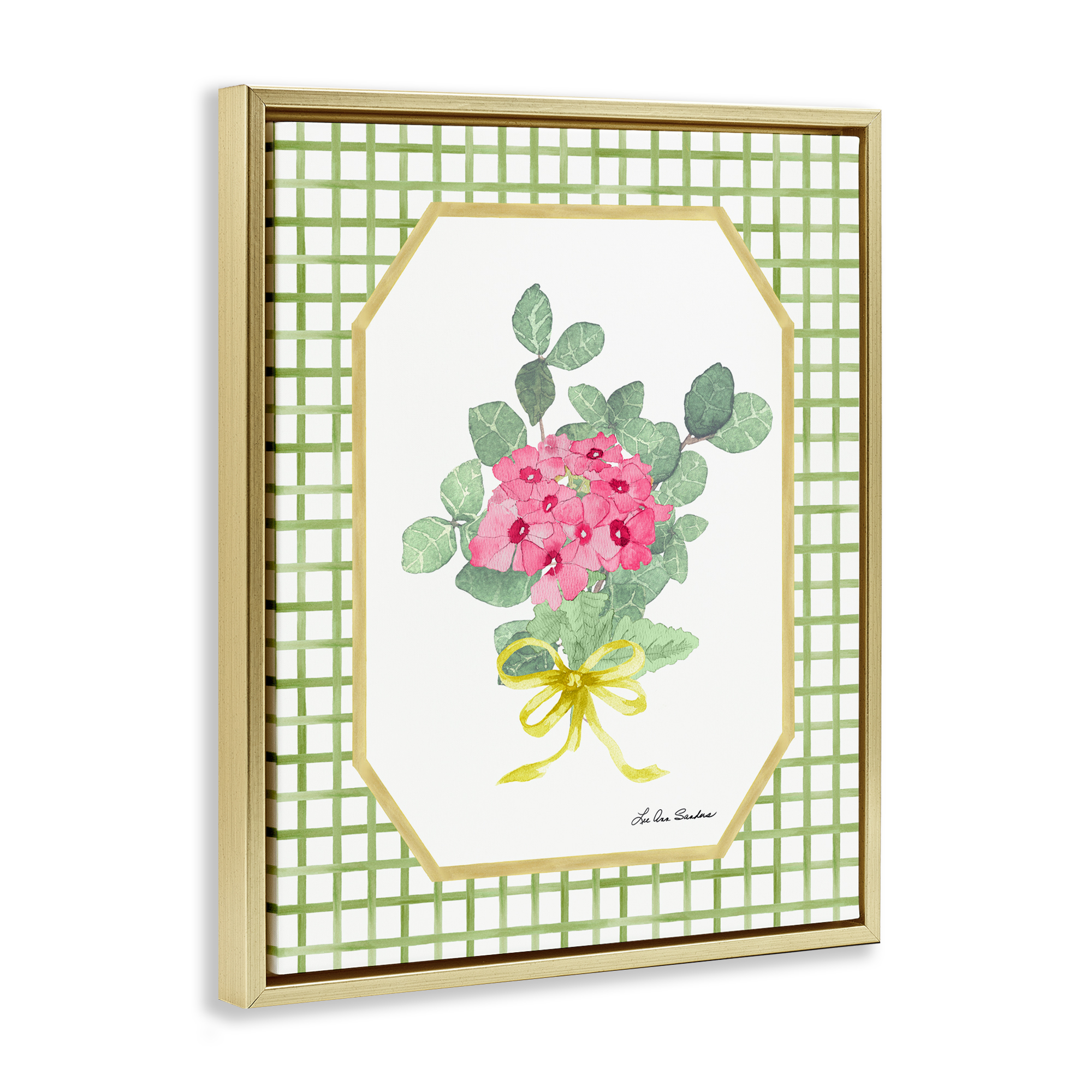 Botanical Story on Grid Pattern Gold Framed Floater Canvas Wall Art, design by Lee Ann Sanders