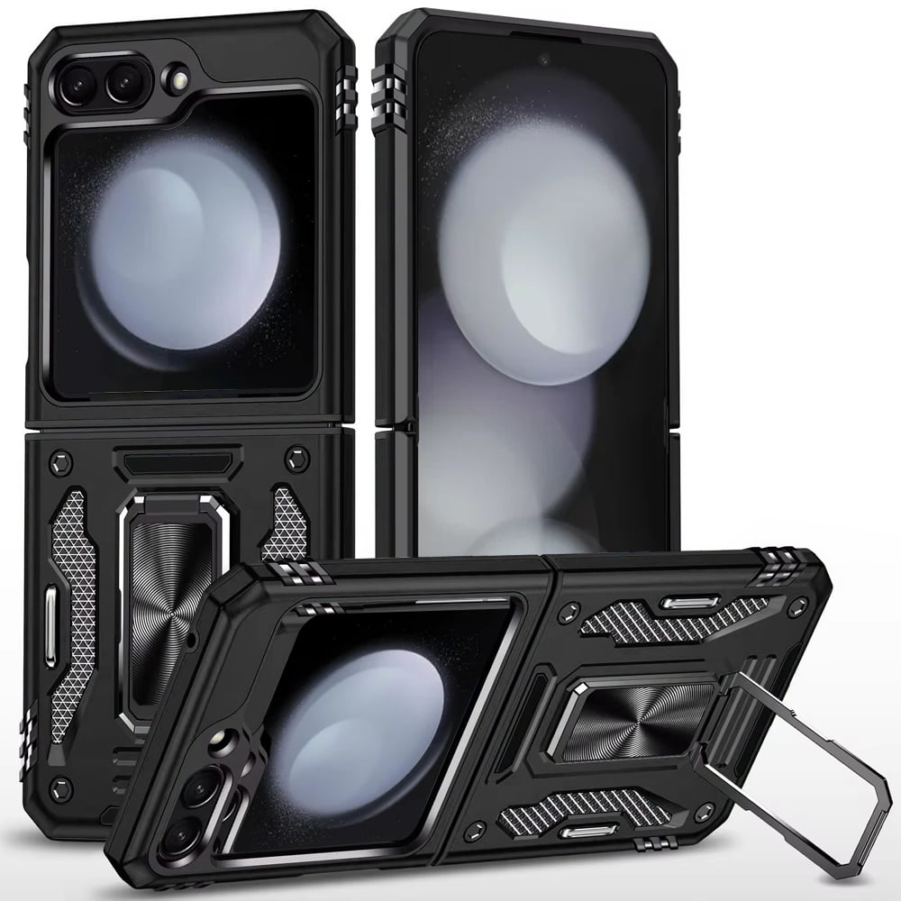 For Samsung Galaxy Z Flip 6 Hybrid Case with Rotation Ring Stand Shockproof & Movable Camera Window PC & TPU Armor Dropproof Phone Case Cover by Xpression - Black