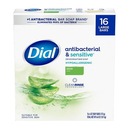 Dial Bar Soap, Antibacterial & Sensitive, Aloe Scent, 16 pk./4 oz.