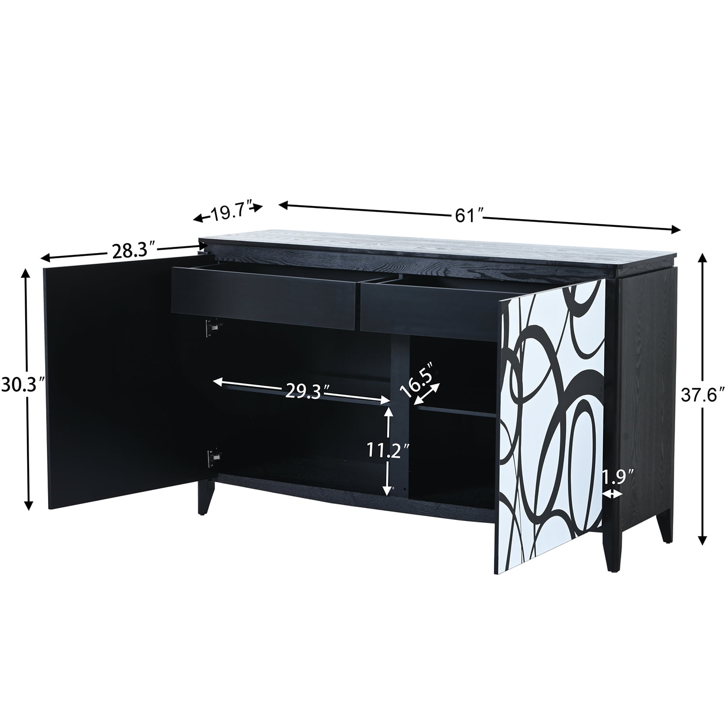 Kadyn Modern Sideboard Buffet Storage Cabinet, Accent Storage Cabinet with 2 Decorative Doors, 2 Drawers and 4 shelves, Solid Wood Cabinet for Living room, White+Black