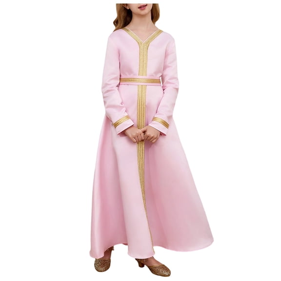 Staki Abayas for Girls Kids Girls Ramadan Muslim Lace Trim Maxi Dress with Belt Prayer Arabic Kaftan Dubai Islamic Eid Dresses 2T 3T 4T Pink,6-7 Years
